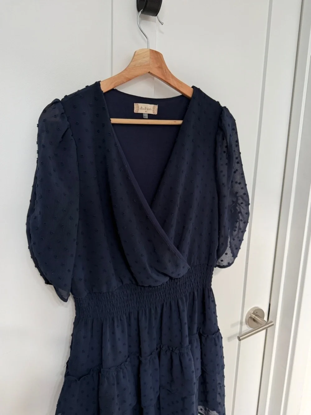 Altar'd State Navy Swiss Dot Surplice Mini Dress